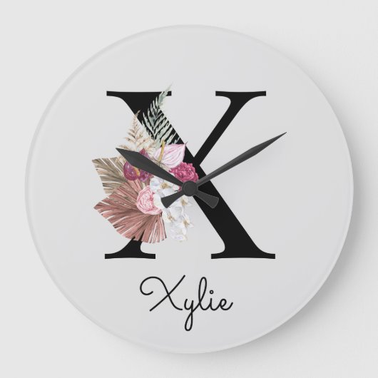 Monogram Roze Boho Girly Floral Initiaal X Grote Klok (Voorkant)
