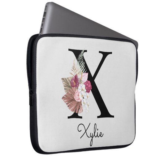 Monogram Roze Boho Girly Floral Initiaal X Laptop Sleeve (Voorkant Rechts)