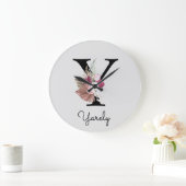 Monogram Roze Boho Girly Floral Initiaal Y Grote Klok (Huis)