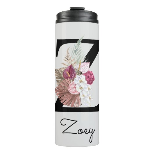 Monogram Roze Boho Girly Floral Initiaal Z Thermosbeker (Voorkant)