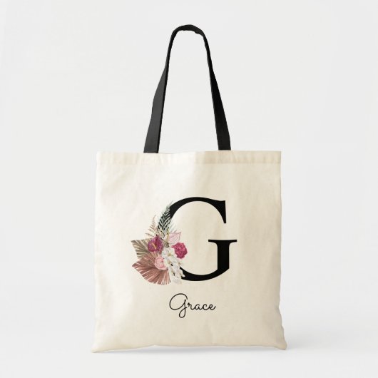 Monogram Roze Boho Meisjesachtig Bloem Initial G Tote Bag (Voorkant)