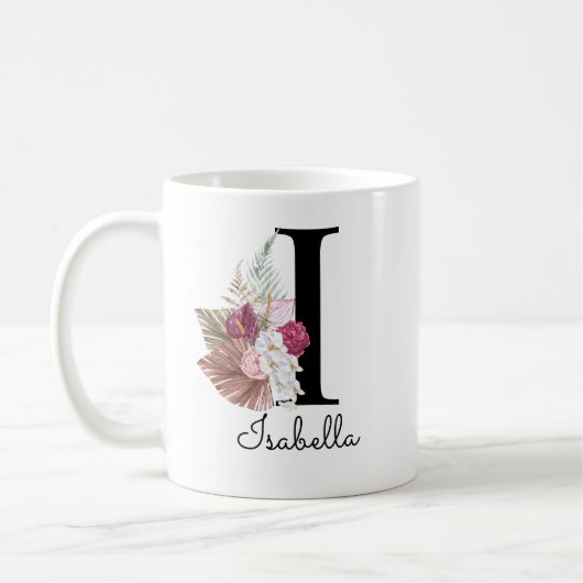 Monogram Roze Boho Meisjesachtig Bloem Initial I Koffiemok (Links)
