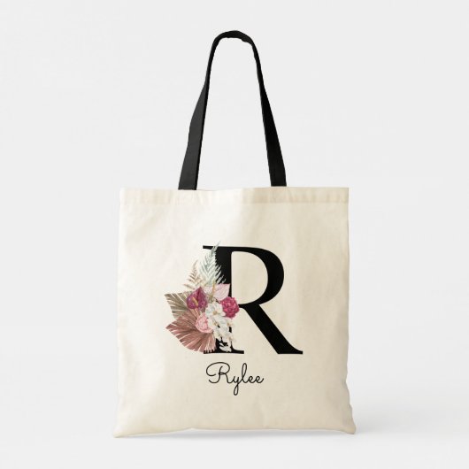 Monogram Roze Boho Meisjesachtig Bloem Motief Init Tote Bag (Achterkant)