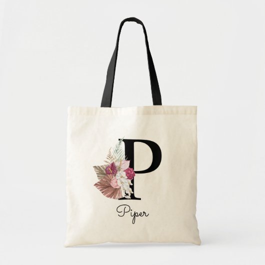 Monogram Roze Boho Meisjesachtig Bloemend Beginlet Tote Bag (Voorkant)