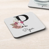 Monogram Roze Boho Meisjesachtig Bloemmotief Initi Bier Onderzetter (Linkerzijde)