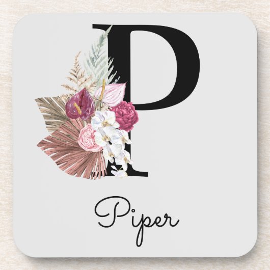 Monogram Roze Boho Meisjesachtig Bloemmotief Initi Bier Onderzetter (Voorkant)