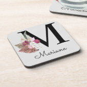 Monogram Roze Boho Meisjesachtig Bloemmotief Initi Bier Onderzetter (Linkerzijde)