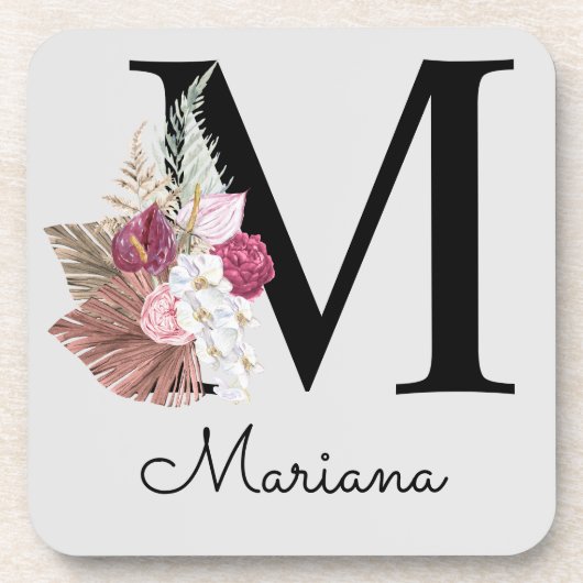 Monogram Roze Boho Meisjesachtig Bloemmotief Initi Bier Onderzetter (Voorkant)