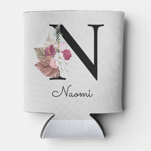 Monogram Roze Boho Meisjesachtig Bloemmotief Initi Blikjeskoeler (Voorkant)