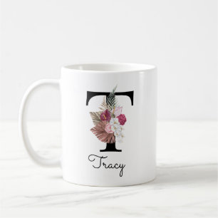 Monogram Roze Boho Meisjesachtig Bloemmotief Initi Koffiemok