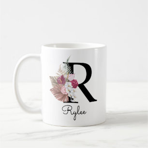 Monogram Roze Boho Meisjesachtig Bloemmotief Initi Koffiemok
