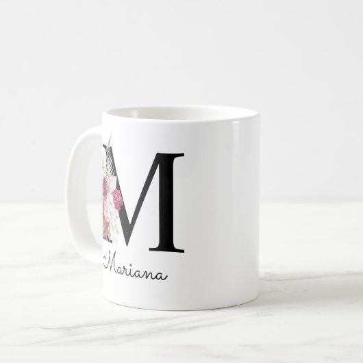 Monogram Roze Boho Meisjesachtig Bloemmotief Initi Koffiemok (Voorkant links)