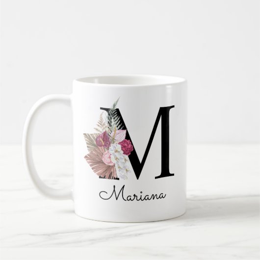 Monogram Roze Boho Meisjesachtig Bloemmotief Initi Koffiemok (Links)