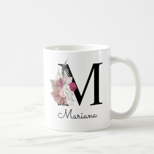 Monogram Roze Boho Meisjesachtig Bloemmotief Initi Koffiemok