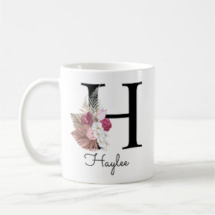 Monogram Roze Boho Meisjesachtig Bloemmotief Initi Koffiemok