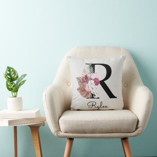 Monogram Roze Boho Meisjesachtig Bloemmotief Initi Kussen (Stoel)