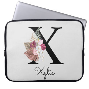 Monogram Roze Boho Meisjesachtig Bloemmotief Initi Laptop Sleeve