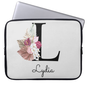 Monogram Roze Boho Meisjesachtig Bloemmotief Initi Laptop Sleeve