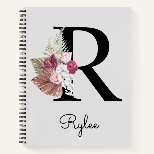 Monogram Roze Boho Meisjesachtig Bloemmotief Initi Notitieboek (Voorkant)