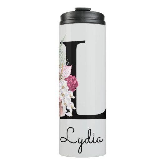 Monogram Roze Boho Meisjesachtig Bloemmotief Initi Thermosbeker (Voorkant)