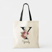 Monogram Roze Boho Meisjesachtig Bloemmotief Initi Tote Bag (Achterkant)