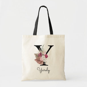 Monogram Roze Boho Meisjesachtig Bloemmotief Initi Tote Bag