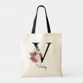 Monogram Roze Boho Meisjesachtig Bloemmotief Initi Tote Bag (Achterkant)