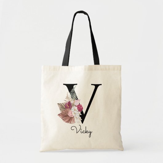 Monogram Roze Boho Meisjesachtig Bloemmotief Initi Tote Bag (Voorkant)