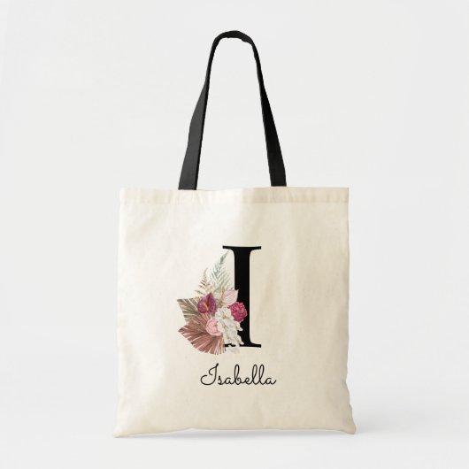 Monogram Roze Boho Meisjesachtig Bloemmotief Initi Tote Bag (Voorkant)
