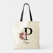 Monogram Roze Boho Meisjesachtig Bloemmotief Initi Tote Bag (Achterkant)