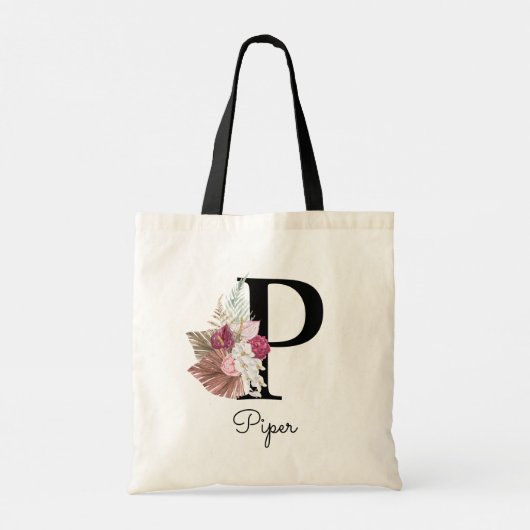 Monogram Roze Boho Meisjesachtig Bloemmotief Initi Tote Bag (Achterkant)