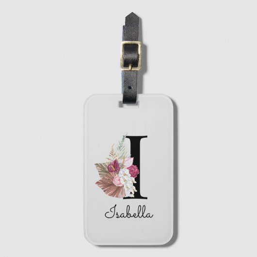 Monogram Roze Boho Meisjesachtig Bloemstuk Initiaa Bagagelabel (Voorkant (verticaal))