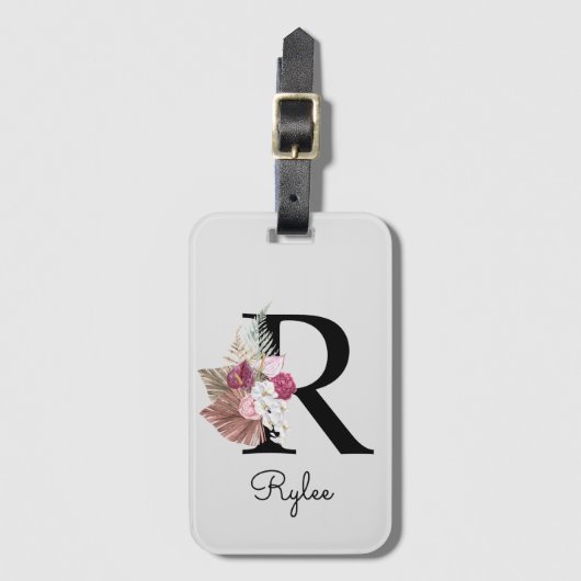 Monogram Roze Boho Meisjesachtig Bloemstuk Initiaa Bagagelabel (Voorkant (verticaal))