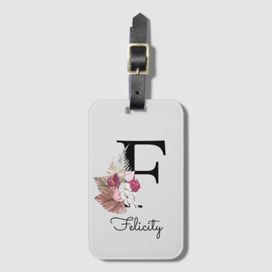 Monogram Roze Boho Meisjesachtig Bloemstuk Initiaa Bagagelabel (Voorkant (verticaal))