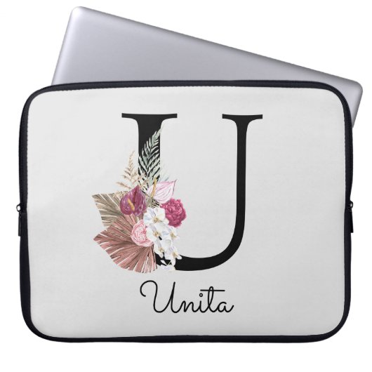 Monogram Roze Boho Meisjesachtig Bloemstuk Initiaa Laptop Sleeve (Voorkant)