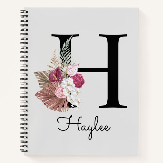 Monogram Roze Boho Meisjesachtig Bloemstuk Initiaa Notitieboek (Voorkant)