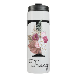 Monogram Roze Boho Meisjesachtig Bloemstuk Initiaa Thermosbeker