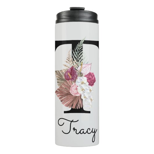 Monogram Roze Boho Meisjesachtig Bloemstuk Initiaa Thermosbeker (Voorkant)