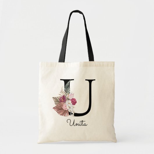 Monogram Roze Boho Meisjesachtig Bloemstuk Initiaa Tote Bag (Voorkant)