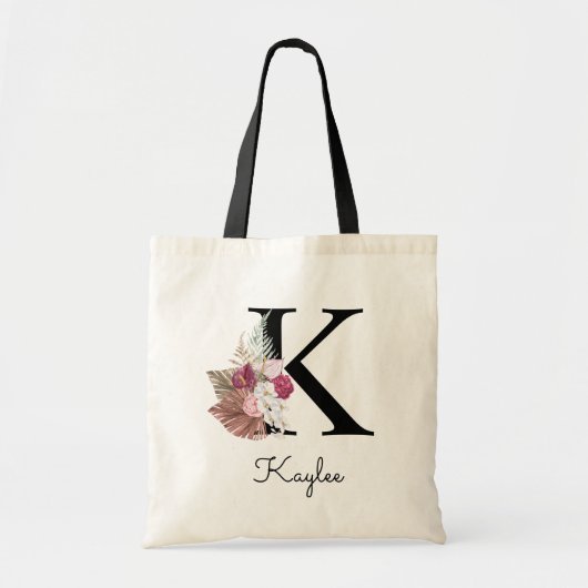 Monogram Roze Boho Meisjesachtig Bloemstuk Initiaa Tote Bag (Voorkant)