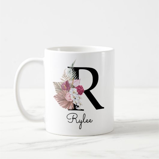 Monogram Roze Boho Meisjesachtige Bloem Initial R Koffiemok (Links)