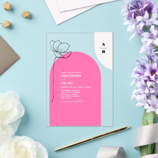 Monogram Roze Boog Bloemen Huwelijksuitnodiging Acryl Uitnodigingen (Insitu (Huwelijk))