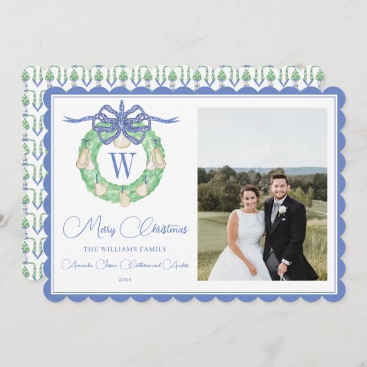 Monogram Roze Bow Greenery kerstfoto Feestdagenkaart (Voorkant / Achterkant)