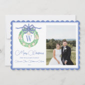 Monogram Roze Bow Greenery kerstfoto Feestdagenkaart (Voorkant)