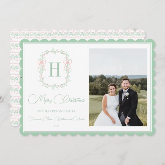 Monogram Roze Bow Greenery kerstfoto Feestdagenkaart (Voorkant / Achterkant)