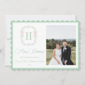 Monogram Roze Bow Greenery kerstfoto Feestdagenkaart (Voorkant)