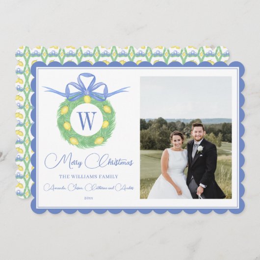 Monogram Roze Bow Greenery kerstfoto Feestdagenkaart (Voorkant / Achterkant)