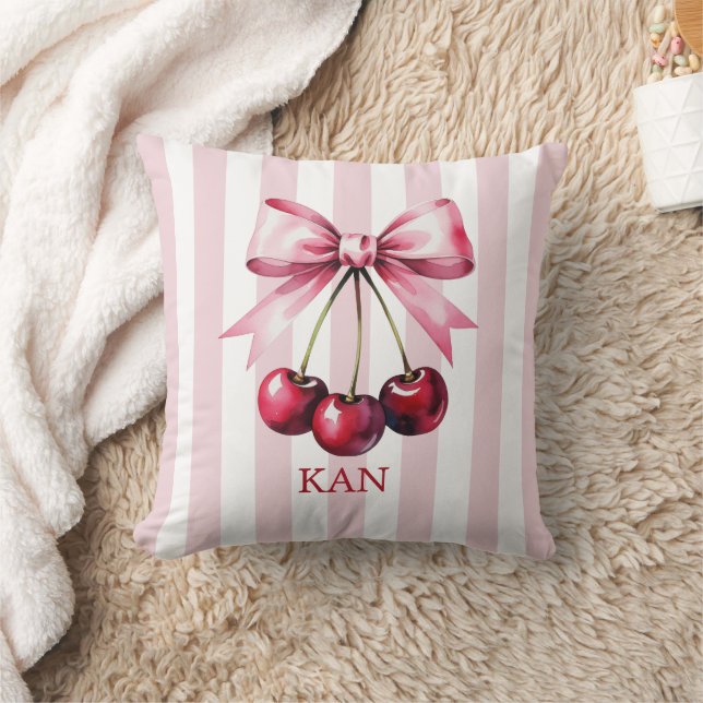 Monogram Roze Bow Kersen Coquette Esthetisch Kussen (Deken)