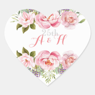 Monogram Roze Bruiloft Jubileum Bloemkrans Hart Sticker