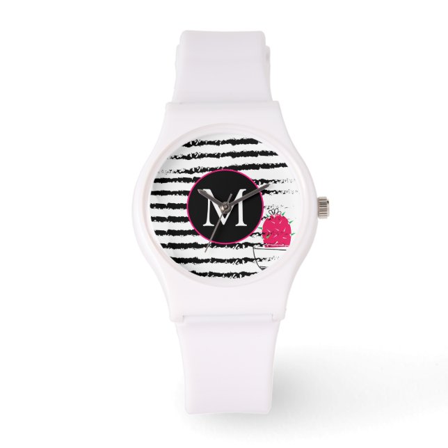 Monogram roze Cactus patroon Horloge (Voorkant)